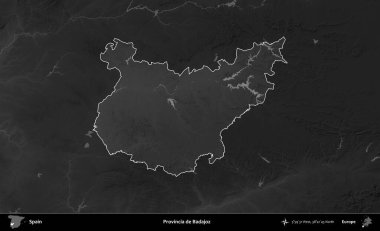 İl de Badajoz. İspanya 'nın idari alanı belirtilmiş ve koyu gri tonlu yükseklik haritasına göre özetlenmiştir