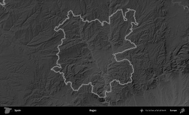 Kafesler. İspanya 'nın idari bölgesi gri ölçekli yükseklik haritasında belirtilmiştir