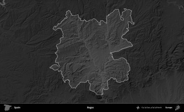Kafesler. İspanya 'nın idari alanı belirtilmiş ve koyu gri tonlu yükseklik haritasına göre özetlenmiştir