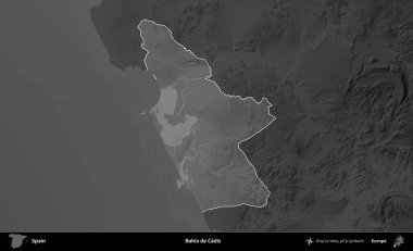 Bahia de Cadiz. İspanya 'nın idari alanı belirtilmiş ve koyu gri tonlu yükseklik haritasına göre özetlenmiştir