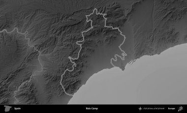 Baix Kampı. İspanya 'nın idari bölgesi gri ölçekli yükseklik haritasında belirtilmiştir