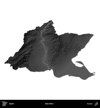 Baix Ebre. İspanya 'nın idari bölgesi gri ölçekli yükseklik haritasında beyaza izole edildi