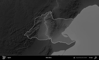 Baix Ebre. İspanya 'nın idari alanı belirtilmiş ve koyu gri tonlu yükseklik haritasına göre özetlenmiştir