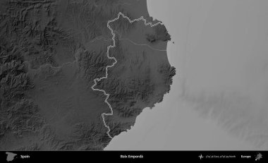 Baix Emporda. İspanya 'nın idari bölgesi gri ölçekli yükseklik haritasında belirtilmiştir