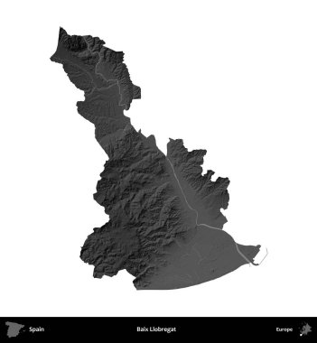 Baix Llobregat. İspanya 'nın idari bölgesi gri ölçekli yükseklik haritasında beyaza izole edildi