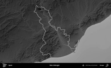 Baix Llobregat. İspanya 'nın idari bölgesi gri ölçekli yükseklik haritasında belirtilmiştir