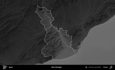 Baix Llobregat. İspanya 'nın idari alanı belirtilmiş ve koyu gri tonlu yükseklik haritasına göre özetlenmiştir