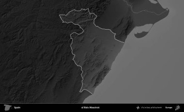 el Baix Maestrat. İspanya 'nın idari alanı belirtilmiş ve koyu gri tonlu yükseklik haritasına göre özetlenmiştir