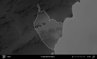 La Vega Baja del Segura. İspanya 'nın idari alanı belirtilmiş ve koyu gri tonlu yükseklik haritasına göre özetlenmiştir