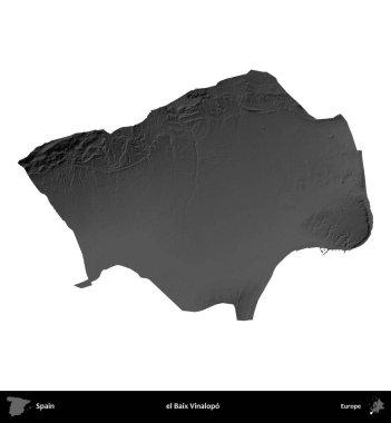 el Baix Vinalopo. İspanya 'nın idari bölgesi gri ölçekli yükseklik haritasında beyaza izole edildi