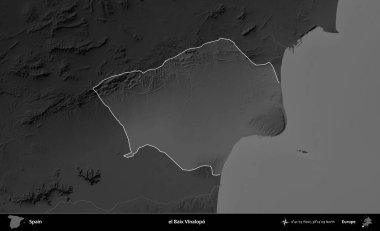 el Baix Vinalopo. İspanya 'nın idari alanı belirtilmiş ve koyu gri tonlu yükseklik haritasına göre özetlenmiştir