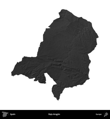 Bajo Aragon. İspanya 'nın idari bölgesi gri ölçekli yükseklik haritasında beyaza izole edildi