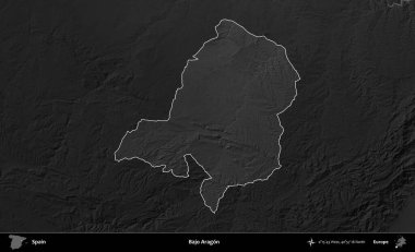 Bajo Aragon. İspanya 'nın idari alanı belirtilmiş ve koyu gri tonlu yükseklik haritasına göre özetlenmiştir