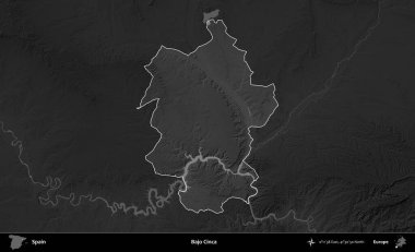 Bajo Cinca. İspanya 'nın idari alanı belirtilmiş ve koyu gri tonlu yükseklik haritasına göre özetlenmiştir