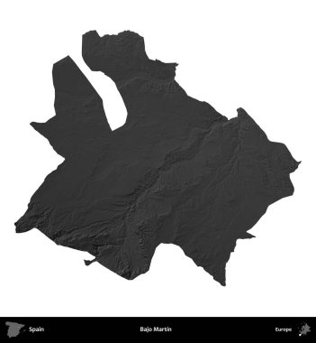 Bajo Martin. İspanya 'nın idari bölgesi gri ölçekli yükseklik haritasında beyaza izole edildi