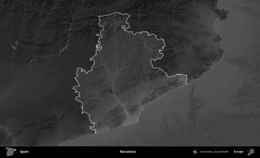 Barselona 'da. İspanya 'nın idari alanı belirtilmiş ve koyu gri tonlu yükseklik haritasına göre özetlenmiştir
