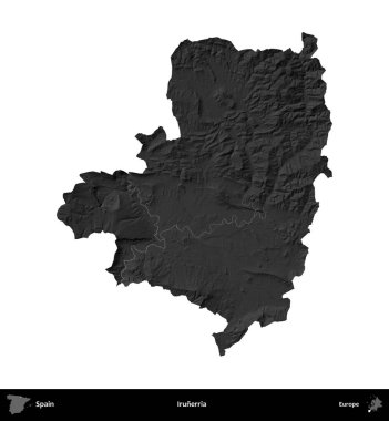 Irunerria. İspanya 'nın idari bölgesi gri ölçekli yükseklik haritasında beyaza izole edildi