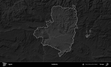Irunerria. İspanya 'nın idari alanı belirtilmiş ve koyu gri tonlu yükseklik haritasına göre özetlenmiştir