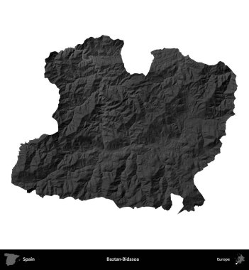 Baztan-Bidasoa. İspanya 'nın idari bölgesi gri ölçekli yükseklik haritasında beyaza izole edildi