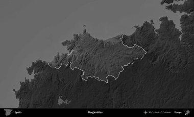 Bergantinos. İspanya 'nın idari alanı belirtilmiş ve koyu gri tonlu yükseklik haritasına göre özetlenmiştir