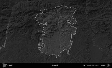 Bergueda. İspanya 'nın idari alanı belirtilmiş ve koyu gri tonlu yükseklik haritasına göre özetlenmiştir