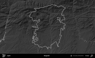 Bergueda. İspanya 'nın idari bölgesi gri ölçekli yükseklik haritasında belirtilmiştir