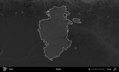 Burgos. İspanya 'nın idari alanı belirtilmiş ve koyu gri tonlu yükseklik haritasına göre özetlenmiştir