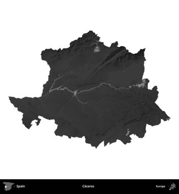 Caceres. İspanya 'nın idari bölgesi gri ölçekli yükseklik haritasında beyaza izole edildi