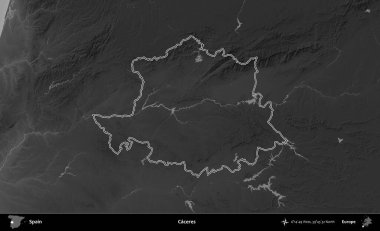Caceres. İspanya 'nın idari bölgesi gri ölçekli yükseklik haritasında belirtilmiştir