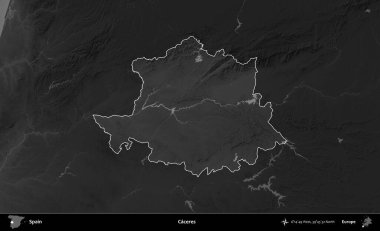 Caceres. İspanya 'nın idari alanı belirtilmiş ve koyu gri tonlu yükseklik haritasına göre özetlenmiştir