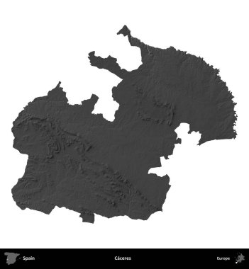 Caceres. İspanya 'nın idari bölgesi gri ölçekli yükseklik haritasında beyaza izole edildi