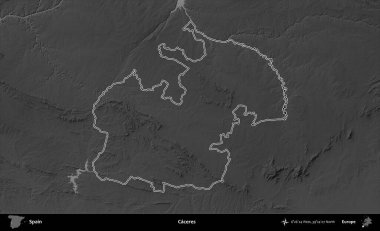 Caceres. İspanya 'nın idari bölgesi gri ölçekli yükseklik haritasında belirtilmiştir