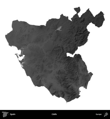 Cadiz. İspanya 'nın idari bölgesi gri ölçekli yükseklik haritasında beyaza izole edildi