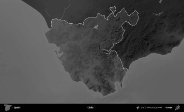 Cadiz. İspanya 'nın idari alanı belirtilmiş ve koyu gri tonlu yükseklik haritasına göre özetlenmiştir