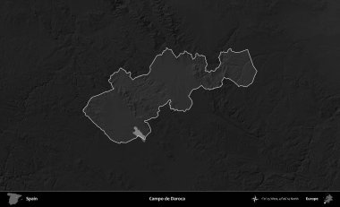 Campo de Daroca 'da. İspanya 'nın idari alanı belirtilmiş ve koyu gri tonlu yükseklik haritasına göre özetlenmiştir