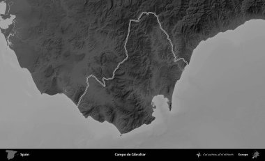 Campo de Cebelitarık. İspanya 'nın idari bölgesi gri ölçekli yükseklik haritasında belirtilmiştir