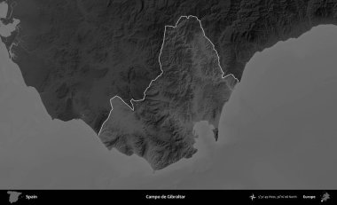 Campo de Cebelitarık. İspanya 'nın idari alanı belirtilmiş ve koyu gri tonlu yükseklik haritasına göre özetlenmiştir