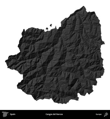 Cangas del Narcea 'da. İspanya 'nın idari bölgesi gri ölçekli yükseklik haritasında beyaza izole edildi