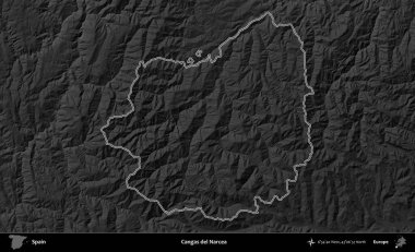 Cangas del Narcea 'da. İspanya 'nın idari bölgesi gri ölçekli yükseklik haritasında belirtilmiştir
