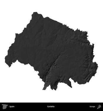 Cardena. İspanya 'nın idari bölgesi gri ölçekli yükseklik haritasında beyaza izole edildi