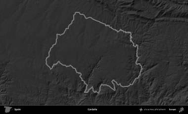 Cardena. İspanya 'nın idari bölgesi gri ölçekli yükseklik haritasında belirtilmiştir