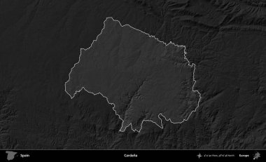 Cardena. İspanya 'nın idari alanı belirtilmiş ve koyu gri tonlu yükseklik haritasına göre özetlenmiştir