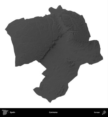 Carmona. İspanya 'nın idari bölgesi gri ölçekli yükseklik haritasında beyaza izole edildi