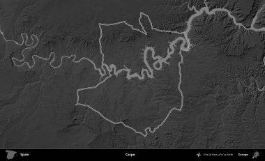 Caspe. İspanya 'nın idari bölgesi gri ölçekli yükseklik haritasında belirtilmiştir