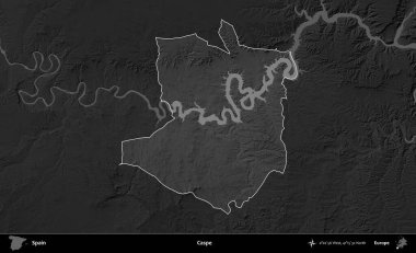 Caspe. İspanya 'nın idari alanı belirtilmiş ve koyu gri tonlu yükseklik haritasına göre özetlenmiştir