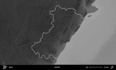 Castello. İspanya 'nın idari bölgesi gri ölçekli yükseklik haritasında belirtilmiştir