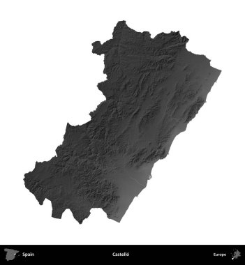 Castello. İspanya 'nın idari bölgesi gri ölçekli yükseklik haritasında beyaza izole edildi