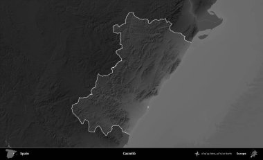 Castello. İspanya 'nın idari alanı belirtilmiş ve koyu gri tonlu yükseklik haritasına göre özetlenmiştir