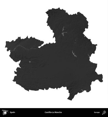 Castilla-La Mancha. İspanya 'nın idari bölgesi gri ölçekli yükseklik haritasında beyaza izole edildi
