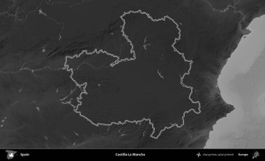 Castilla-La Mancha. İspanya 'nın idari bölgesi gri ölçekli yükseklik haritasında belirtilmiştir